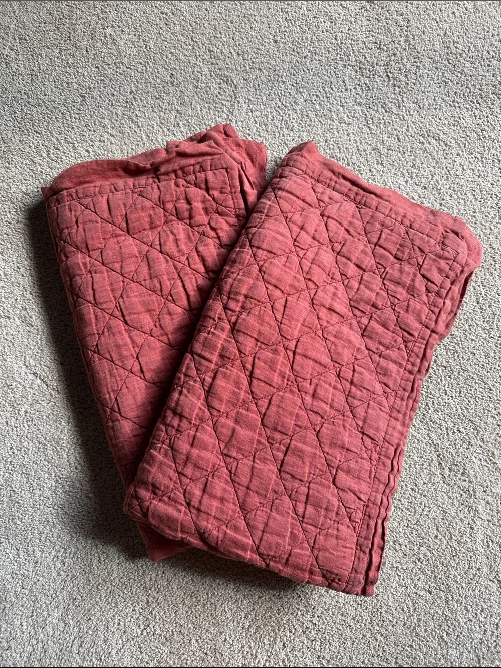Pottery Barn Belgian Flax Linen King Diamond Quilt SET Auburn 3pcs